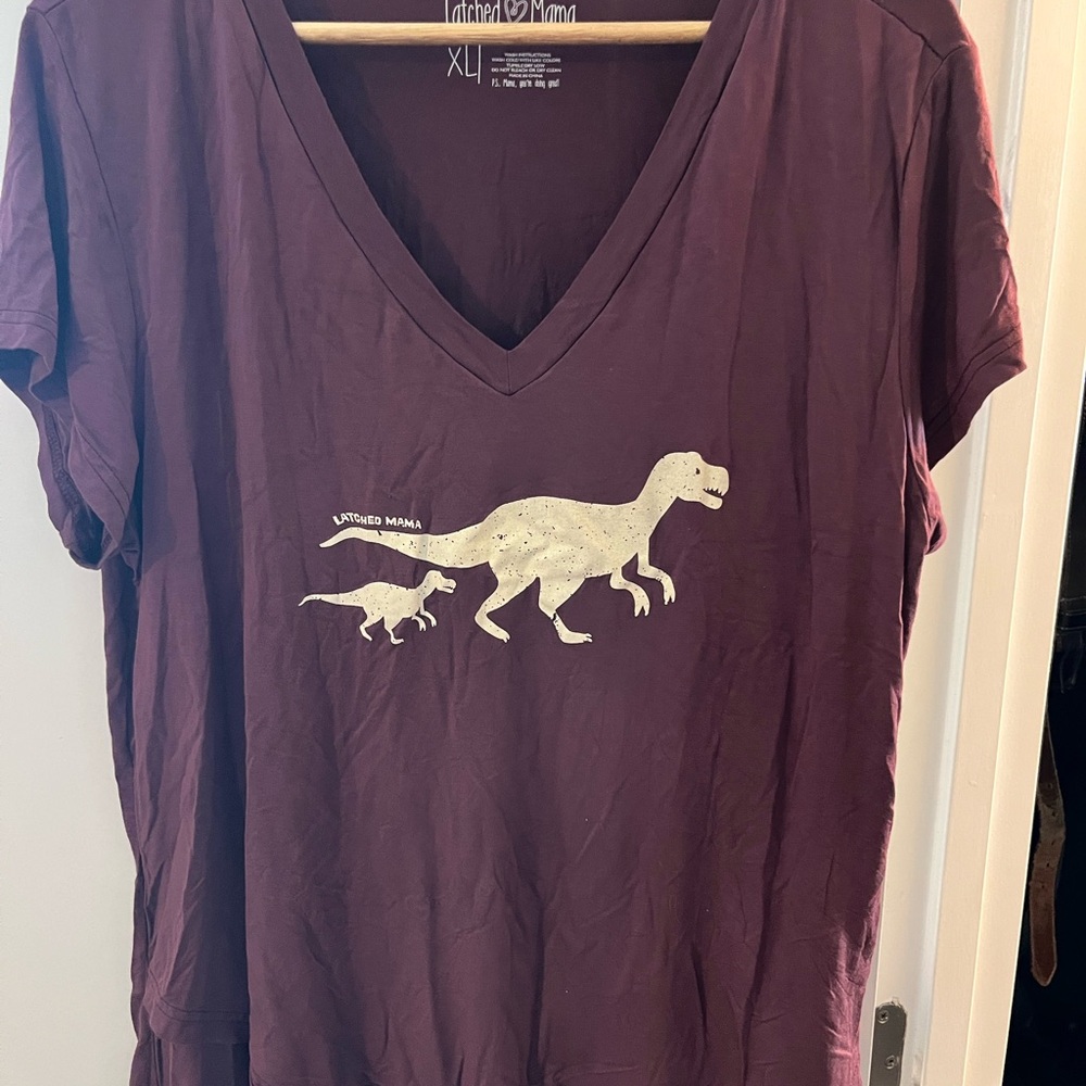 Latched Mama Purple nursing Short Sleeve Tee with Dinosaur Graphic